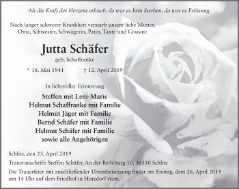 Traueranzeige von Jutta Schäfer von FZ