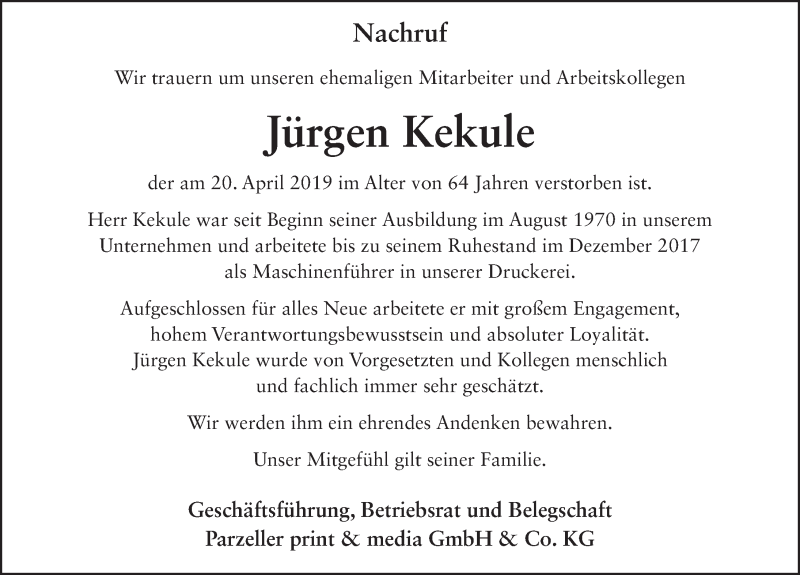  Traueranzeige für Jürgen Kekule vom 30.04.2019 aus FZ