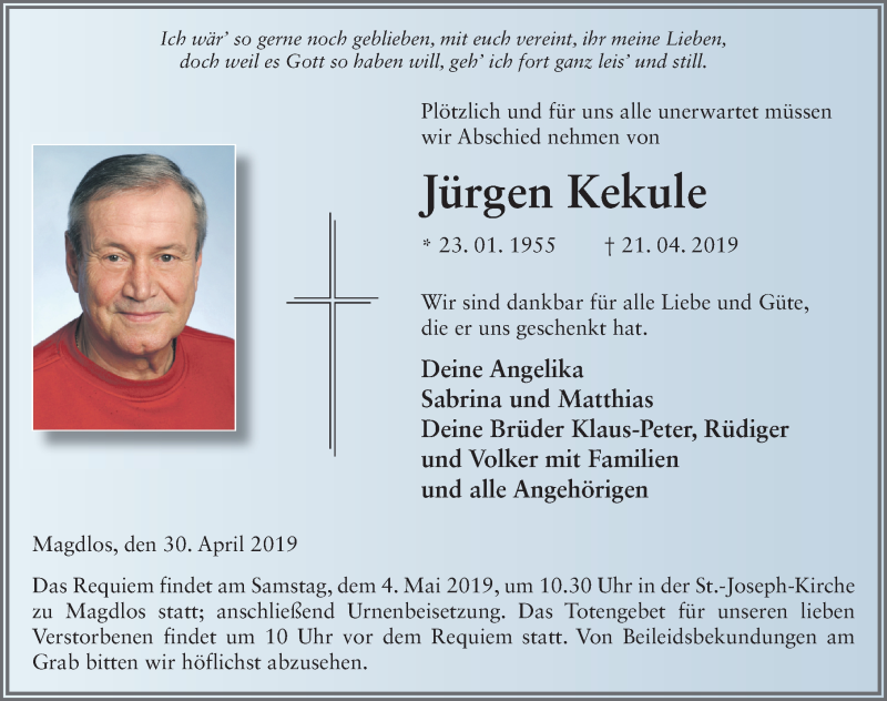  Traueranzeige für Jürgen Kekule vom 30.04.2019 aus FZ