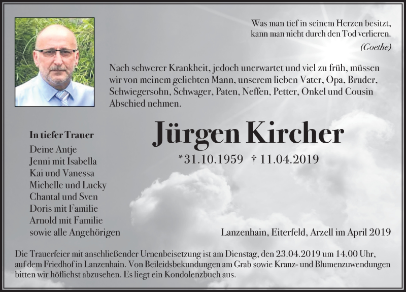  Traueranzeige für Jürgen Kircher vom 18.04.2019 aus FZ