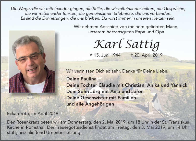  Traueranzeige für Karl Sattig vom 27.04.2019 aus FZ