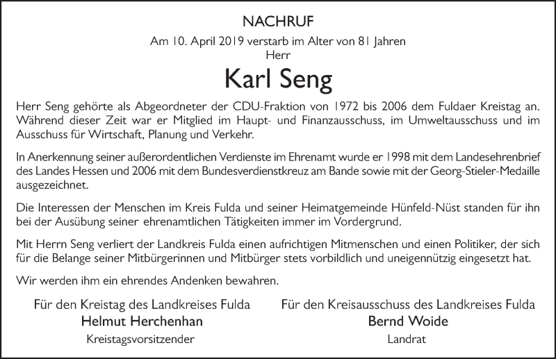  Traueranzeige für Karl Seng vom 13.04.2019 aus FZ