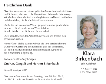 Traueranzeige von Klara Birkenbach von FZ