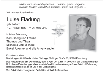 Traueranzeige von Luise Fladung von FZ