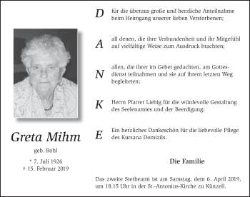 Traueranzeige von Margaretha Mihm von FZ