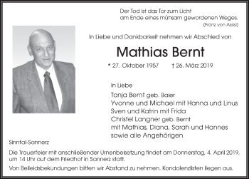 Traueranzeige von Mathias Bernt von FZ