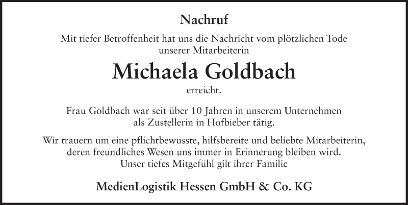  Traueranzeige für Michaela Goldbach vom 20.04.2019 aus FZ