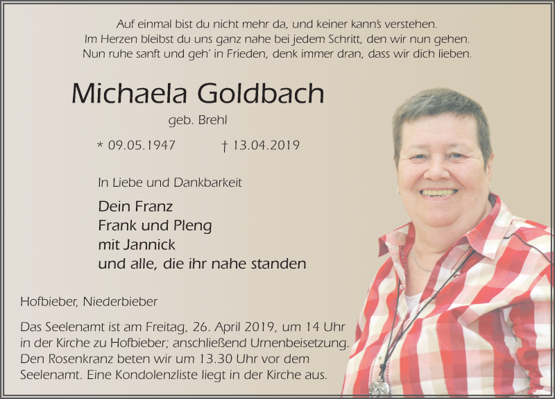  Traueranzeige für Michaela Goldbach vom 20.04.2019 aus FZ