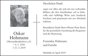 Traueranzeige von Oskar Hohmann von FZ
