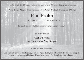 Traueranzeige von Paul Frohn von FZ