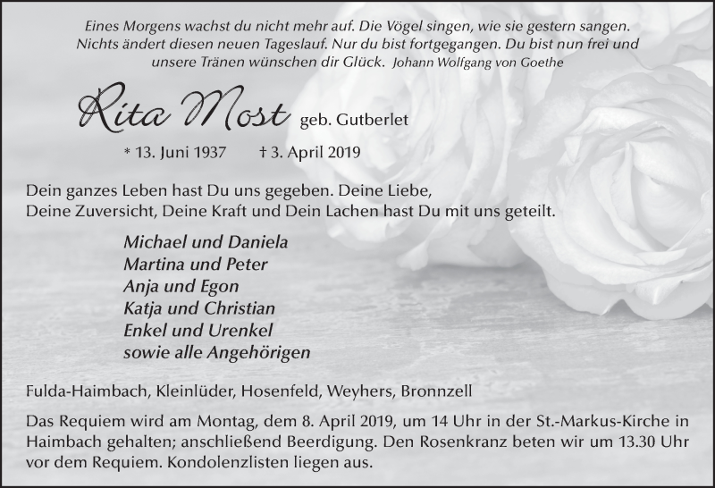  Traueranzeige für Rita Most vom 05.04.2019 aus FZ