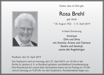 Traueranzeige von Rosa Brehl von FZ