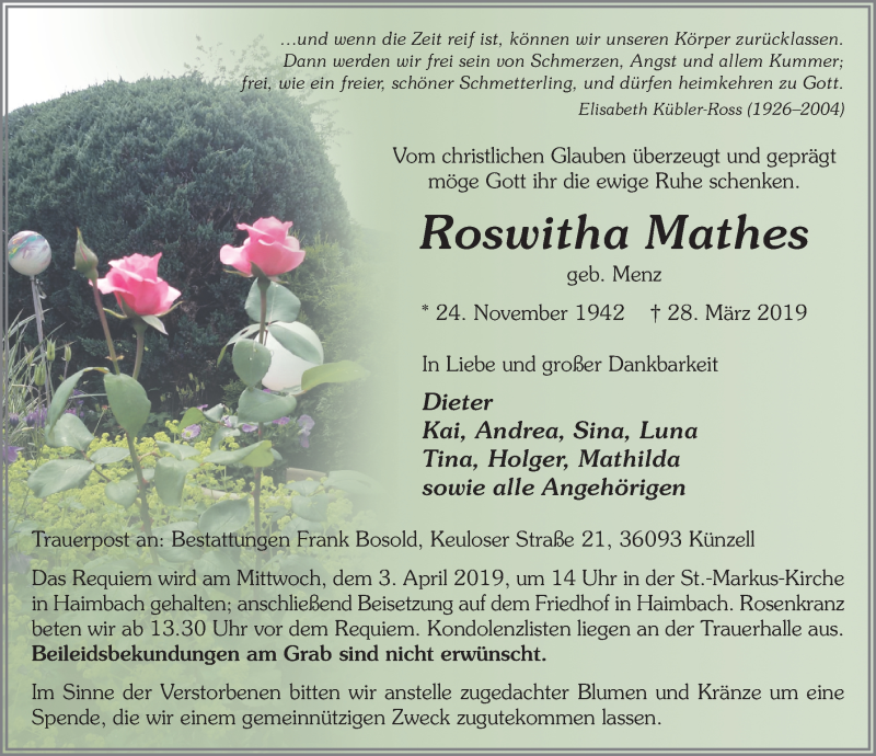  Traueranzeige für Roswitha Mathes vom 01.04.2019 aus FZ