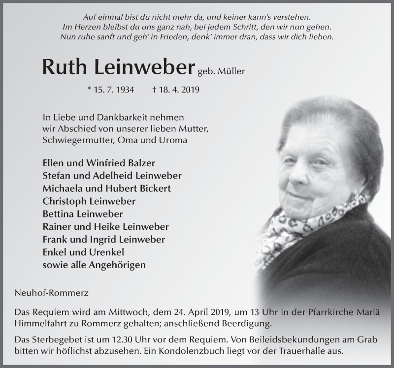  Traueranzeige für Ruth Leinweber vom 23.04.2019 aus FZ