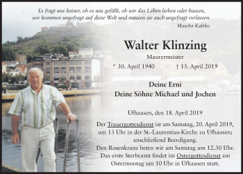 Traueranzeige von Walter Klinzing von FZ