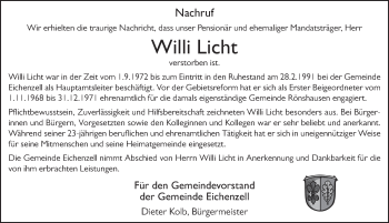 Traueranzeige von Willi Licht von FZ