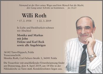 Traueranzeige von Willi Roth von FZ