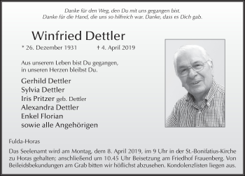 Traueranzeige von Winfried Dettler von FZ