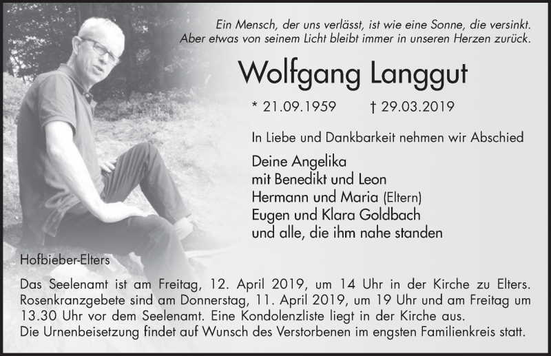  Traueranzeige für Wolfgang Langgut vom 05.04.2019 aus FZ