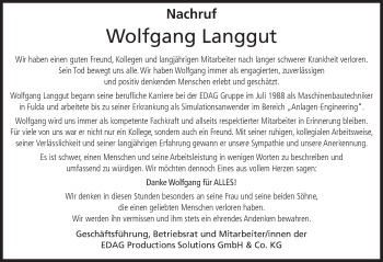Traueranzeige von Wolfgang Langgut von FZ