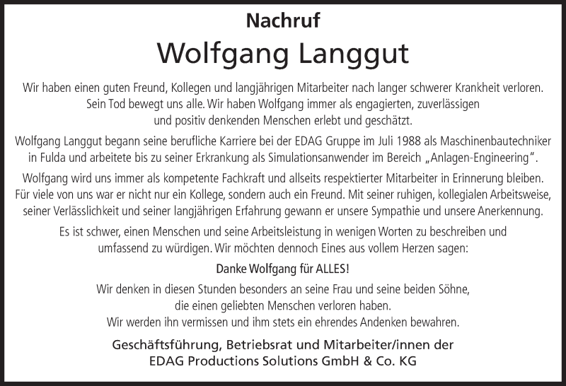  Traueranzeige für Wolfgang Langgut vom 05.04.2019 aus FZ