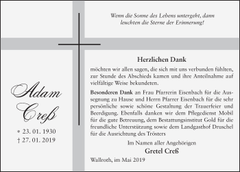 Traueranzeige von Adam Creß von FZ