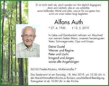 Traueranzeige von Alfons Auth von FZ
