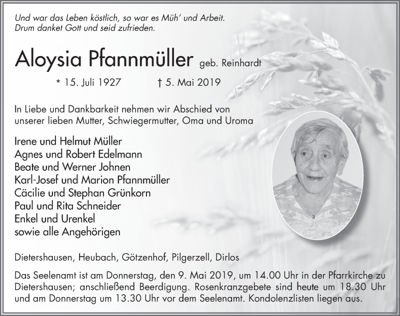 Traueranzeige für Aloysia Pfannmüller vom 07.05.2019 aus FZ