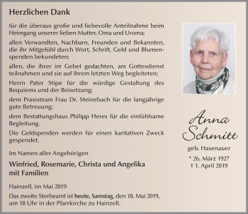 Traueranzeige von Anna Schmitt von FZ