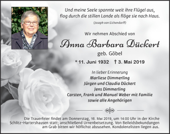 Traueranzeige von Anna Barbara Dückert von FZ