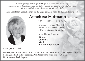 Traueranzeige von Anneliese Hofmann von FZ