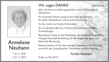 Traueranzeige von Anneliese Neuhann von FZ
