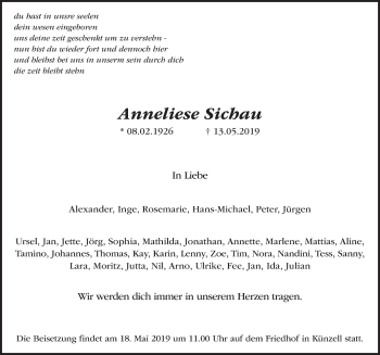 Traueranzeige von Anneliese Sichau von FZ