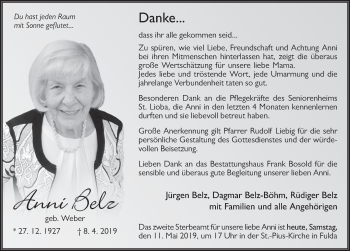 Traueranzeige von Anni Belz von FZ