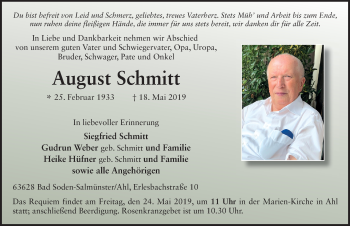 Traueranzeige von August Schmitt von FZ
