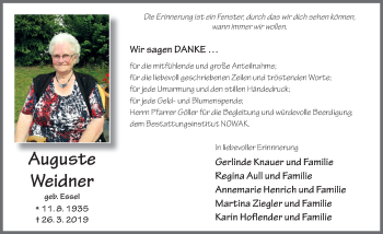 Traueranzeige von Auguste Weidner von FZ