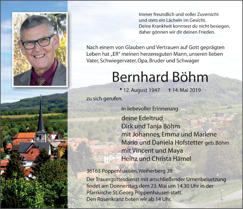  Traueranzeige für Bernhard Böhm vom 18.05.2019 aus FZ