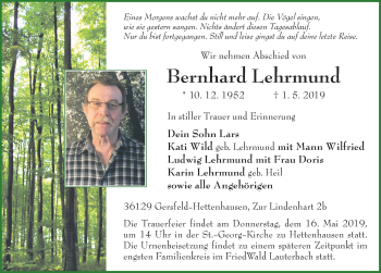 Traueranzeige von Bernhard Lehrmund von FZ