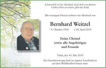 Traueranzeige von Bernhard Weitzel von FZ