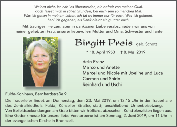 Traueranzeige von Birgitt Preis von FZ
