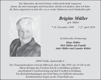 Traueranzeige von Brigitte Müller von FZ