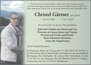 Traueranzeige von Christel Gärtner von FZ