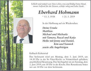 Traueranzeige von Eberhard Hohmann von FZ