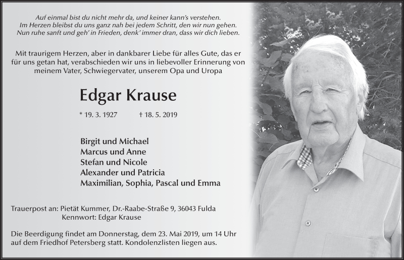  Traueranzeige für Edgar Krause vom 21.05.2019 aus FZ