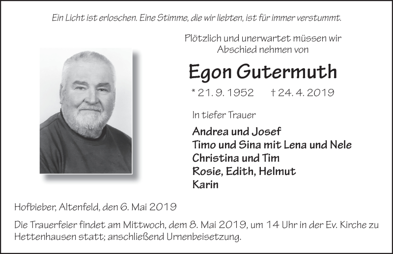  Traueranzeige für Egon Gutermuth vom 06.05.2019 aus FZ