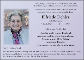 Traueranzeige von Elfriede Dehler von FZ