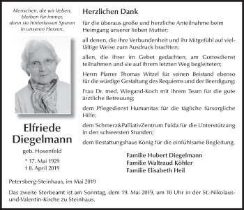 Traueranzeige von Elfriede Diegelmann von FZ