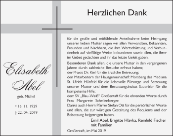 Traueranzeige von Elisabeth Abel von FZ