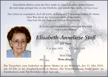 Traueranzeige von Elisabeth-Anneliese Stoß von FZ