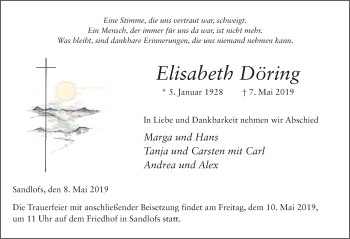 Traueranzeige von Elisabeth Döring von FZ